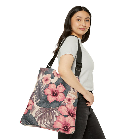 Hibiscus Hawaiian Tropical Print Pink Adjustable Tote Bag