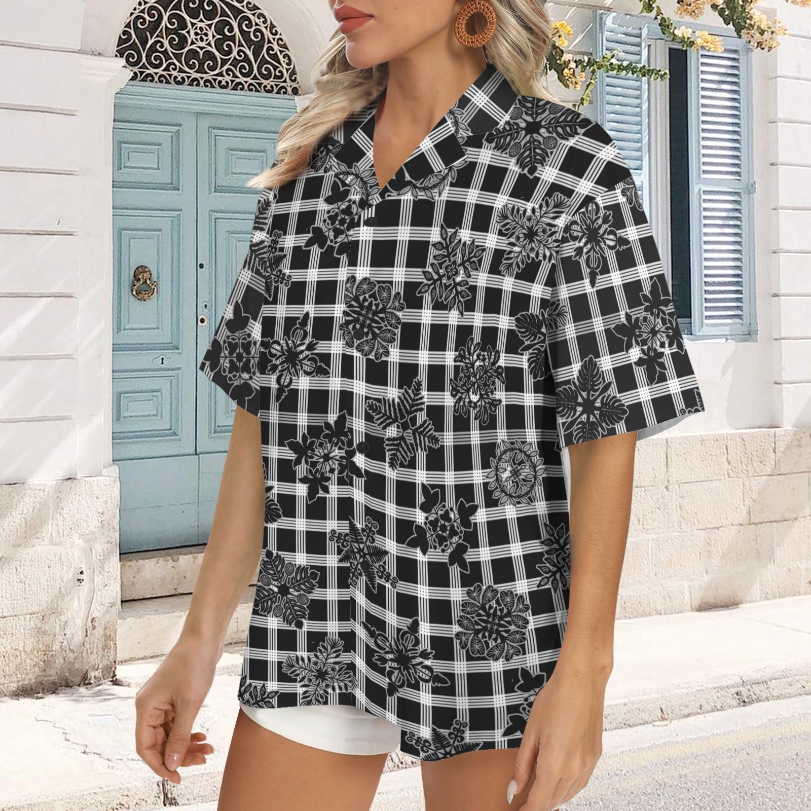 Palaka and Kapa Kuiki Hawaiian Quilt Print - The Honey Girl Shirt - Black, Gray and White