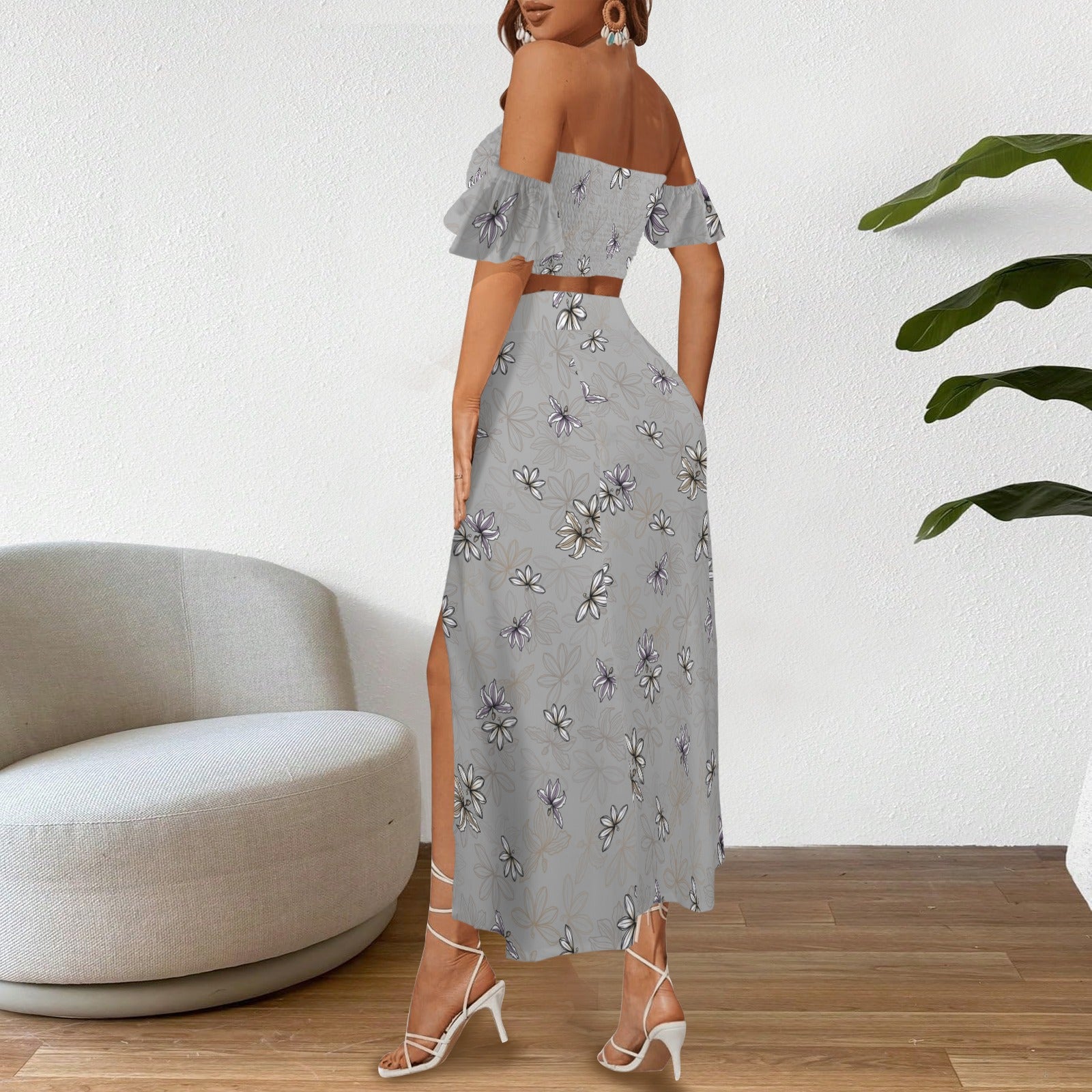Malino Set in Naupaka (Off Shoulder Smocked Tube Top & High Waist Split Thigh Maxi Skirt) Gray