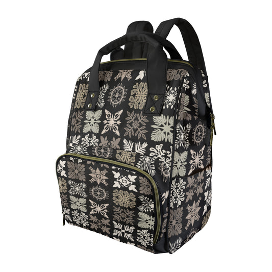 Kapa Kuiki Hawaiian Print Quilt Design Mult-Function Backpack - Black and Khaki