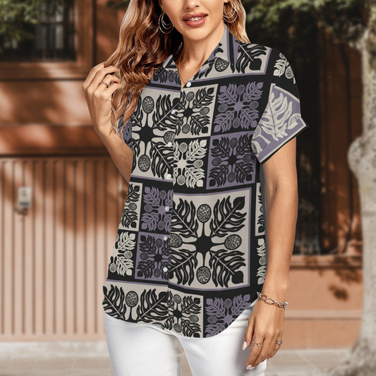 Ulu Kapa Kuiki Block Print Harmony Blouse - Women's Short Sleeve Button Down Shirt - Dusty Purple