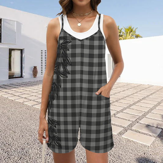 Hi'ilei Spaghetti Strap Romper - Palaka and Maile Lei, Gray and Black