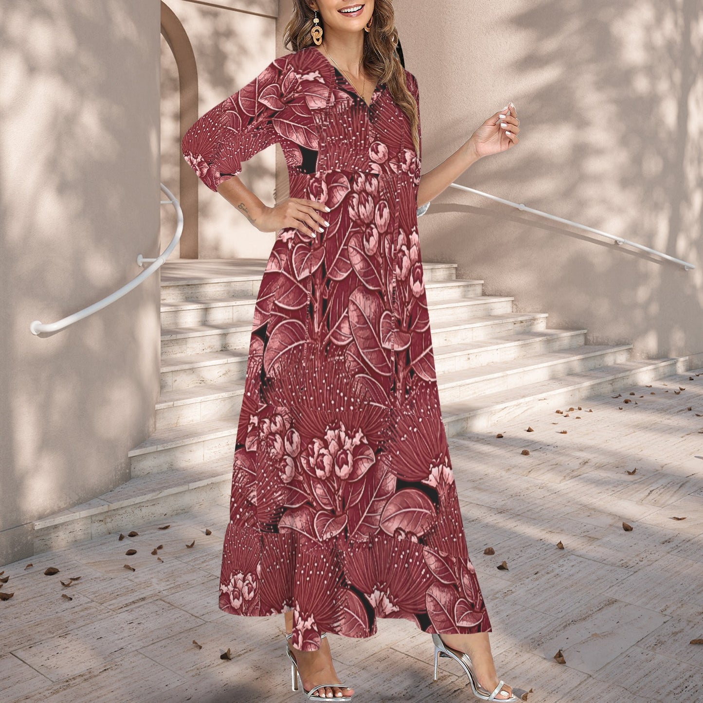 Pauahi Mu'u mu'u maxi dress - 'ōhiʻa lehua in red
