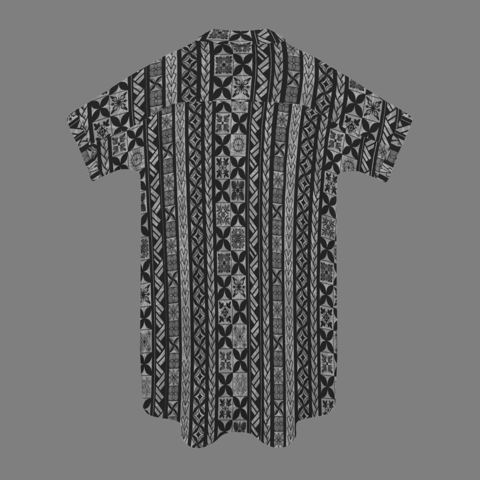 nani 2.0 shirt dress - hawaiian kapa kakau quilt gray and black small print