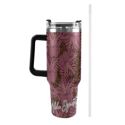 Ulu Breadfruit Hawaiian Print 40 oz Tumbler - Black Handle (Pink, Brown)