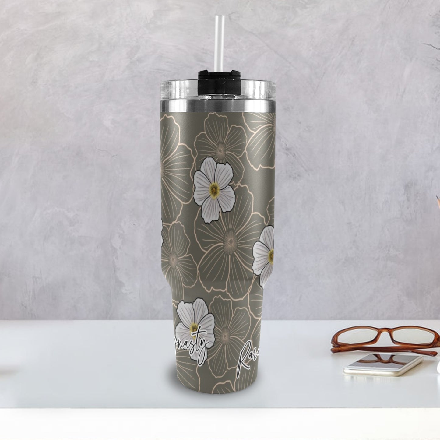 Pua Kala Hawaiian Poppy 40oz Tumbler - Black Handle, Gray