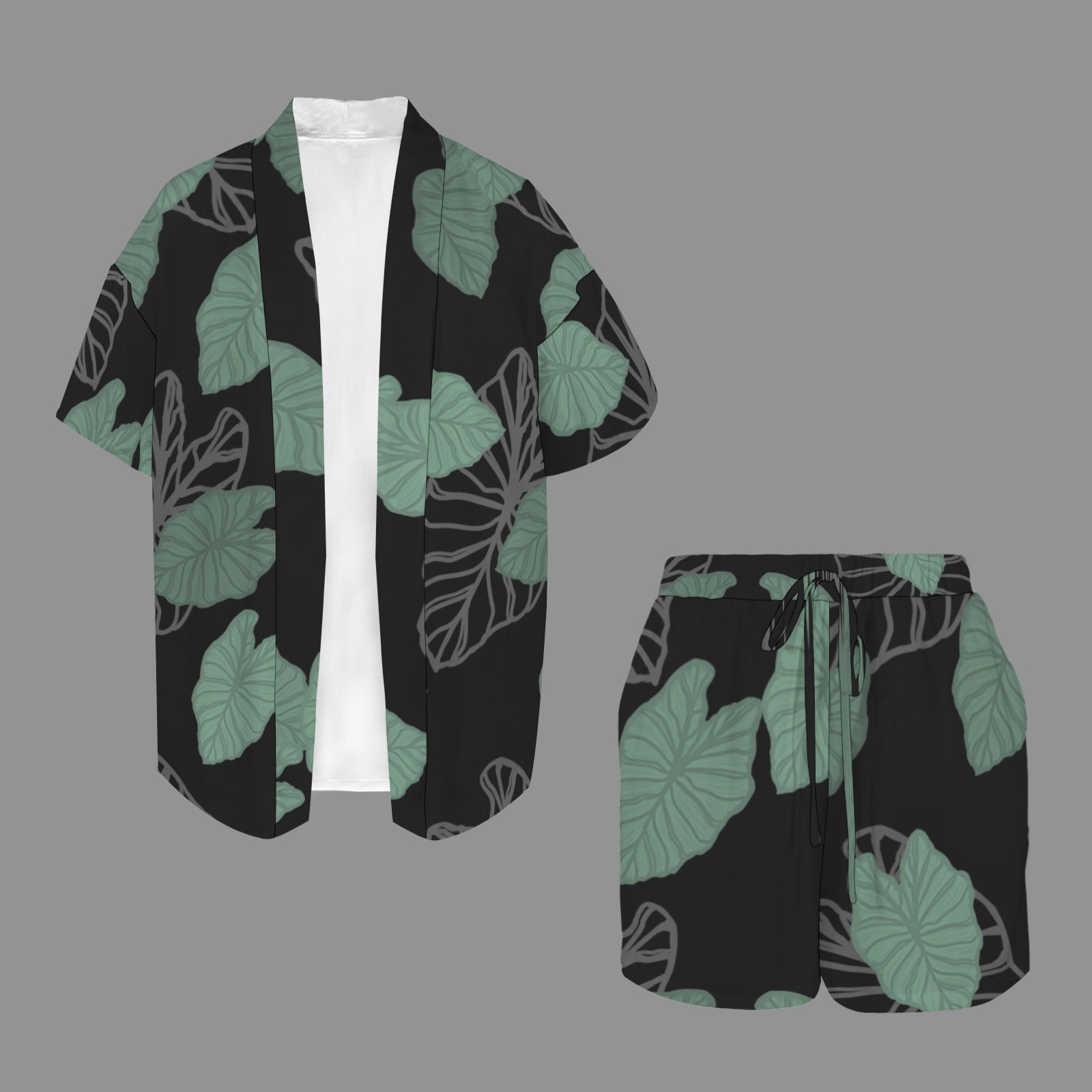 Hunnie Girl 2 PC Set - Open Front Kimono Blouse with Drawstring Waist Shorts - Kalo Black and Green