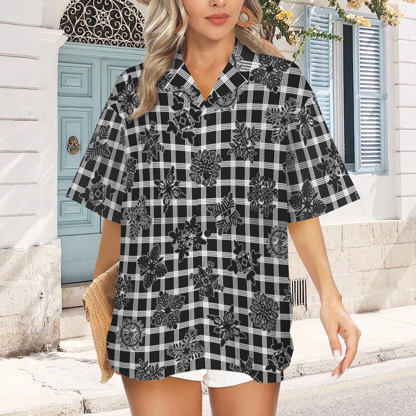 Palaka and Kapa Kuiki Hawaiian Quilt Print - The Honey Girl Shirt - Black, Gray and White