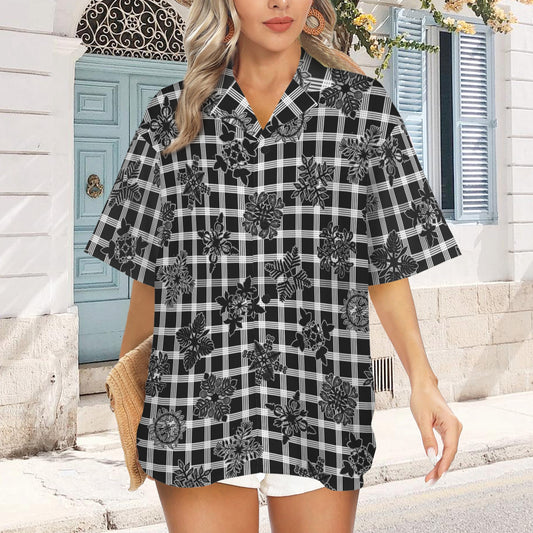 Palaka and Kapa Kuiki Hawaiian Quilt Print - The Honey Girl Shirt - Black, Gray and White