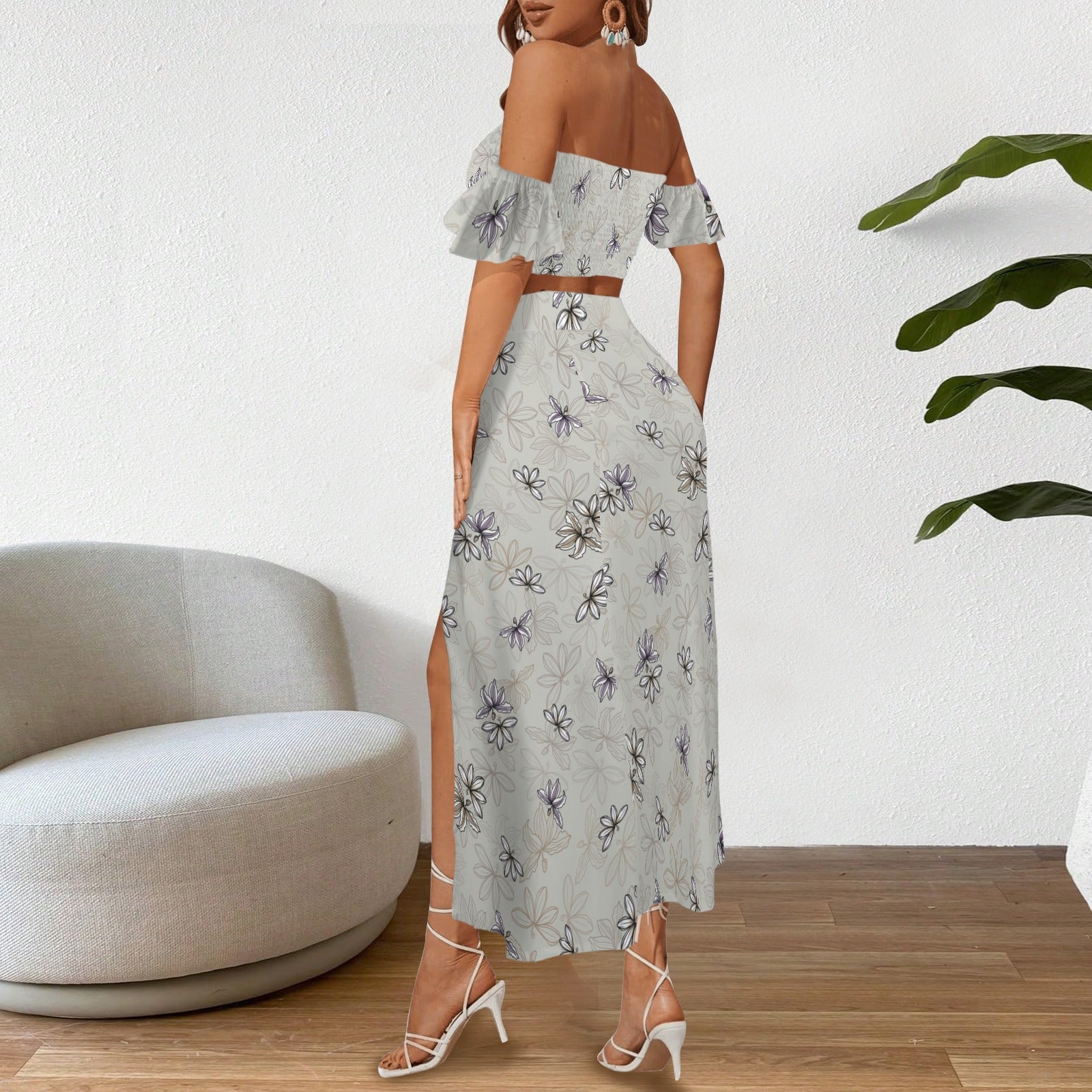 Malino Set in Naupaka (Off Shoulder Smocked Tube Top & High Waist Split Thigh Maxi Skirt) Soft Gray