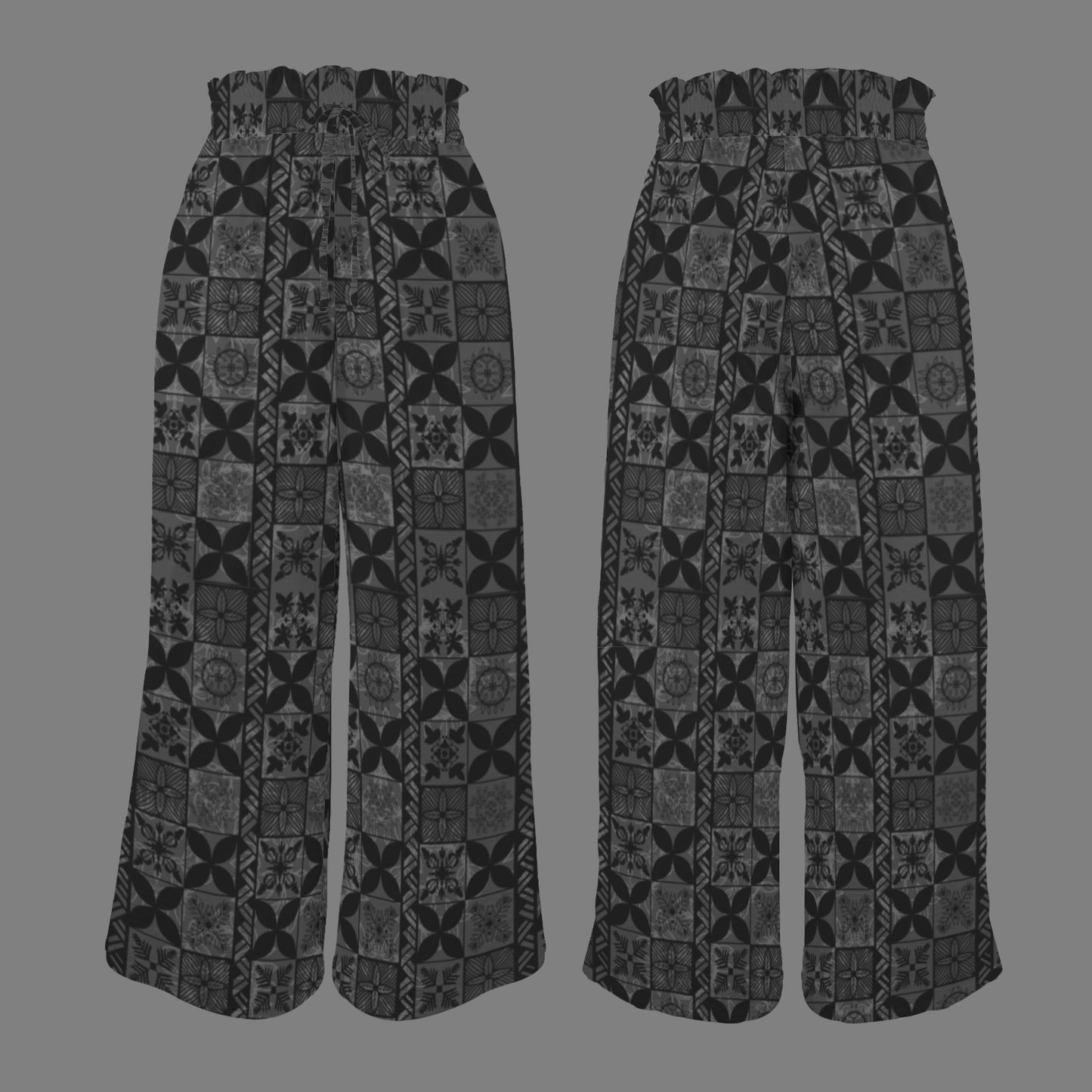 Makamae Elastic Waist Wide Leg Pants - Hawaiian Kapa Quilt in Black and Gray