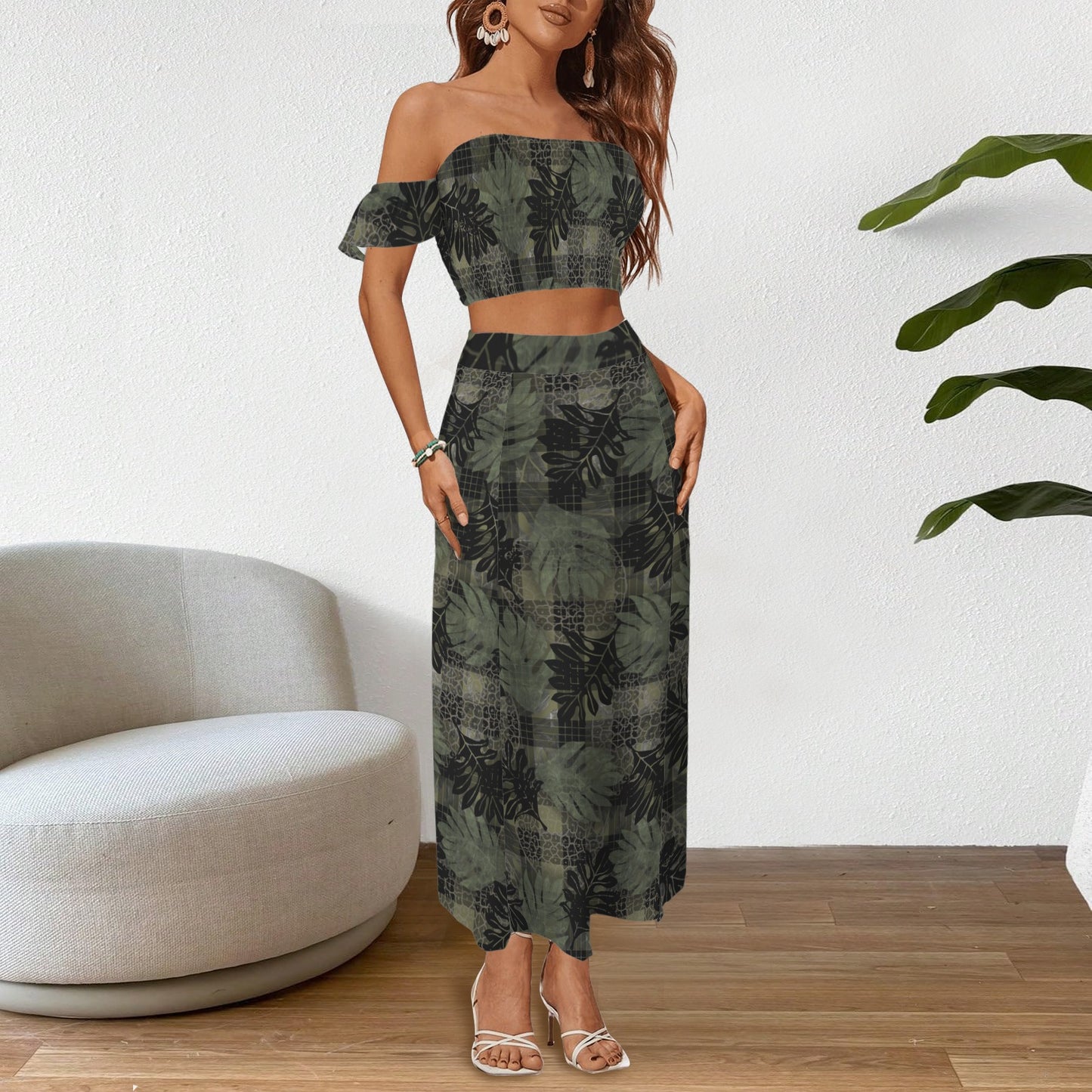 Malino Set in Ulu and Palaka (Off Shoulder Smocked Tube Top & High Waist Split Thigh Maxi Skirt) Green and Black