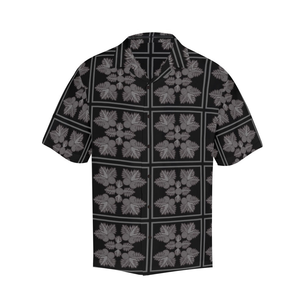 Ulu Quilt Design - Menʻs Aloha Shirt - Black and Gray Square Pattern Hawaiian Shirt