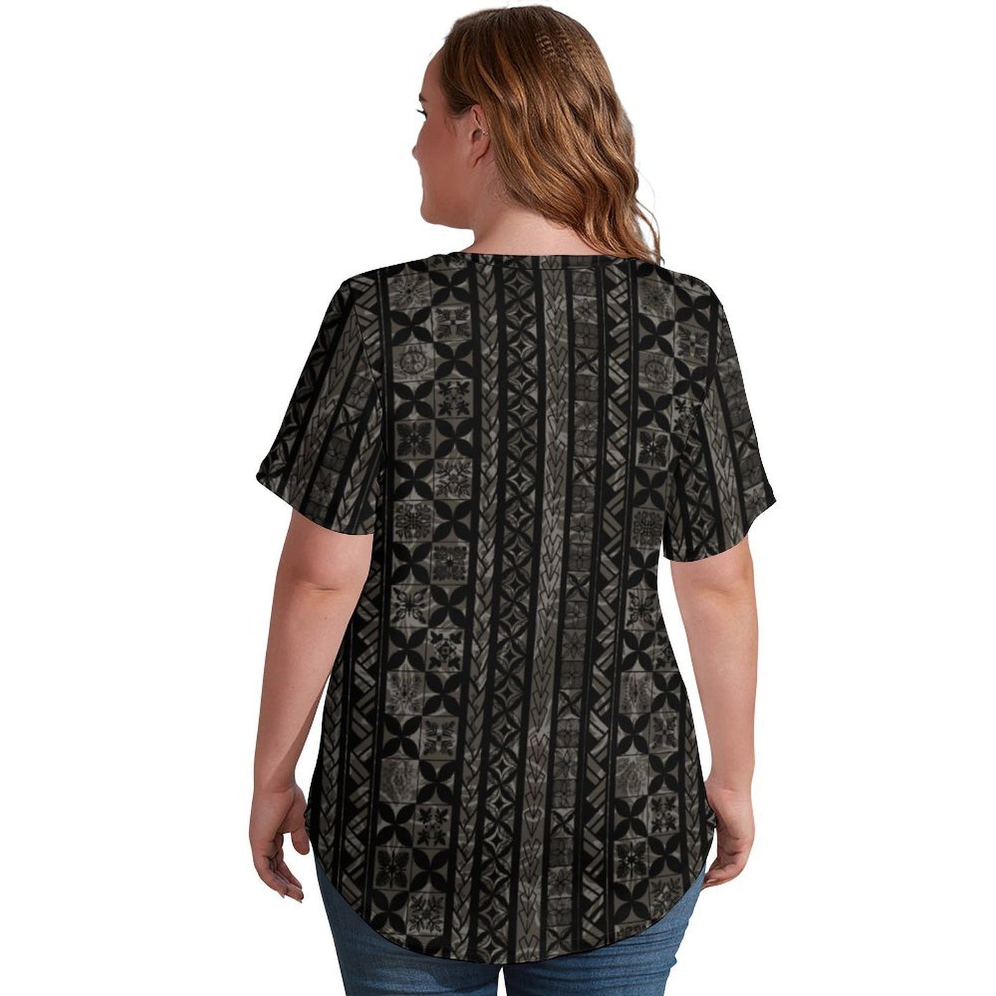 Kapa Kakau Hawaiian Print, Keahi V-Neck Short-Sleeve Shirt - Gray and Black