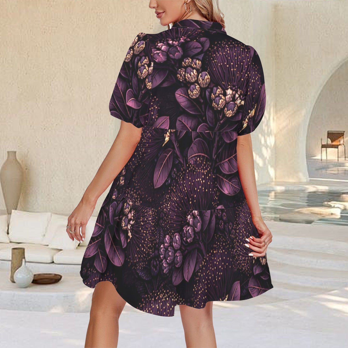 Puʻuwai Button down Puff sleeve baby doll dress in ohia  - purple
