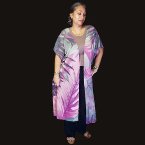 Hawaiian Tropical Print Pink Mid Length Kimono Chiffon Cover Up with Side Slits