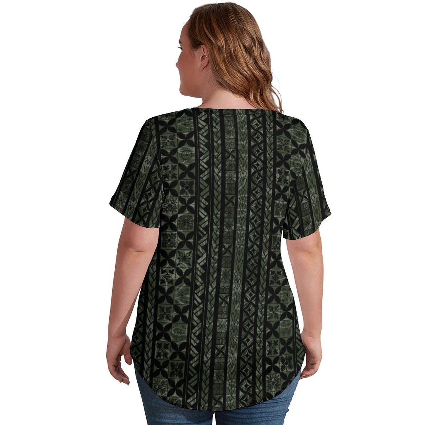 Kapa Kakau Hawaiian Print, Keahi V-Neck Short-Sleeve Shirt - Green and Black