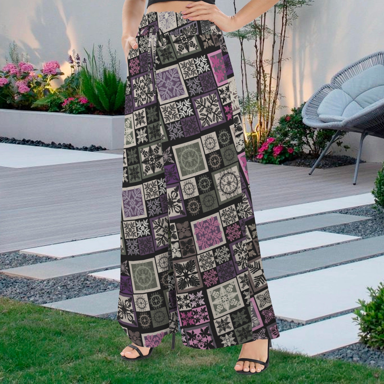 Kapa Kuiki Hawaiian Quilt Print - Makamae Elastic Waist Wide Leg Pants - Purple, Green, Pink