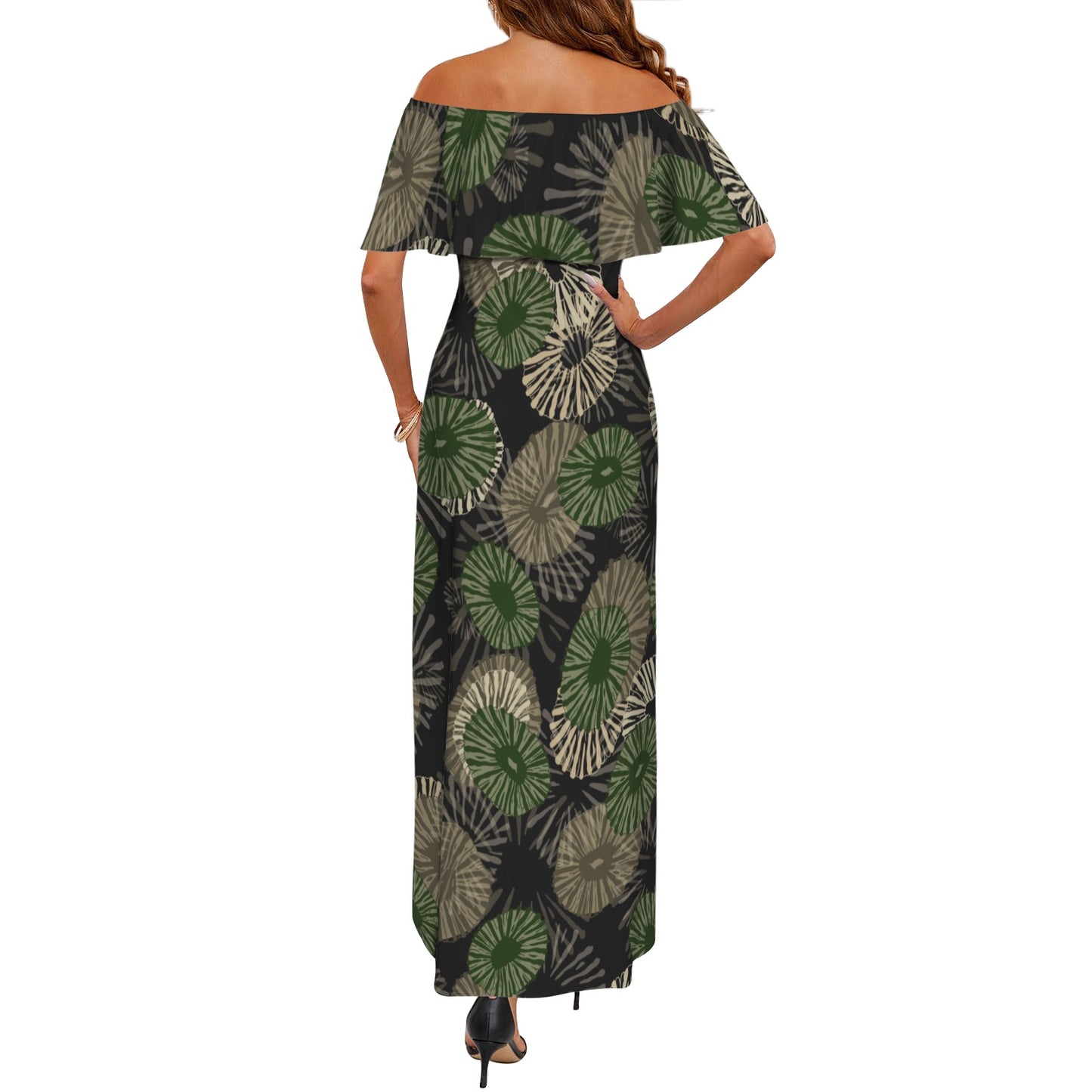 'Opihi Hawaiian Print - Off Shoulder Ruffle Maxi Dress - Camouflage