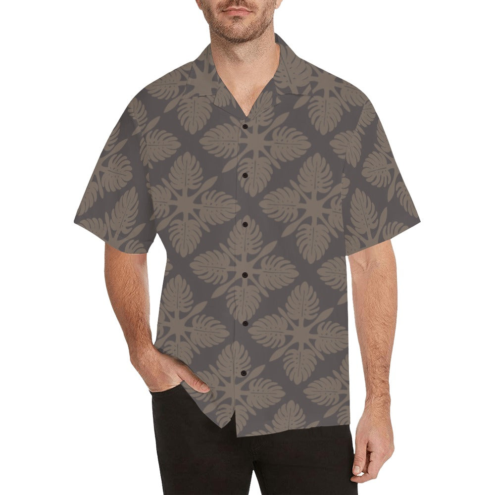 Monstera Kapa Kuiki Hawaiian Quilt Design - Menʻs Aloha Shirt, Taupe and Charcoal