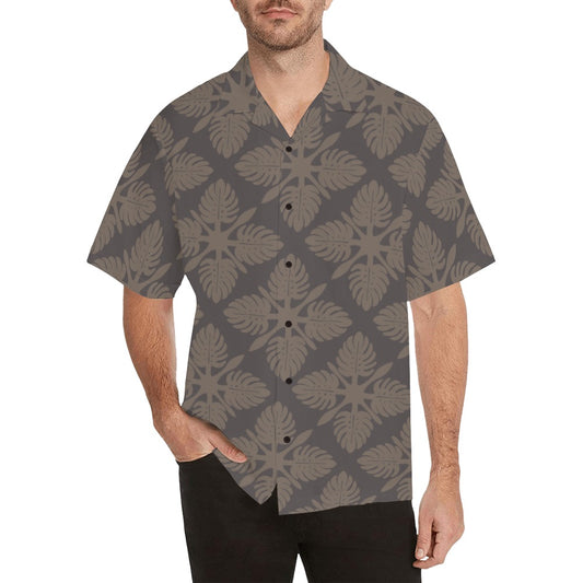 Monstera Kapa Kuiki Hawaiian Quilt Design - Menʻs Aloha Shirt, Taupe and Charcoal