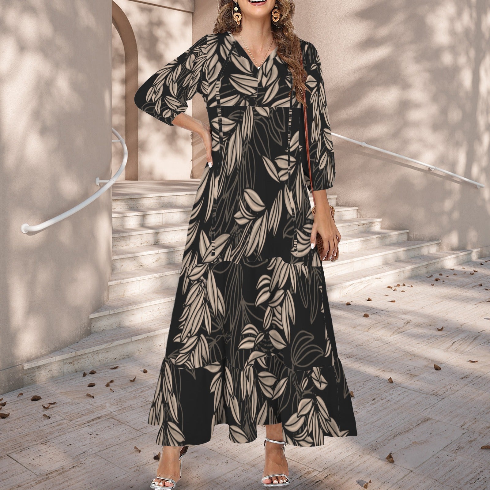 Pauahi Mu'u mu'u maxi dress - Maile Lei in Black and Brown
