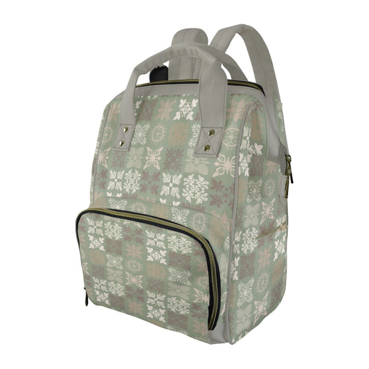 Kapa Kuiki Hawaiian Print Quilt Design Mult-Function Backpack - Sage, Khaki and Gray