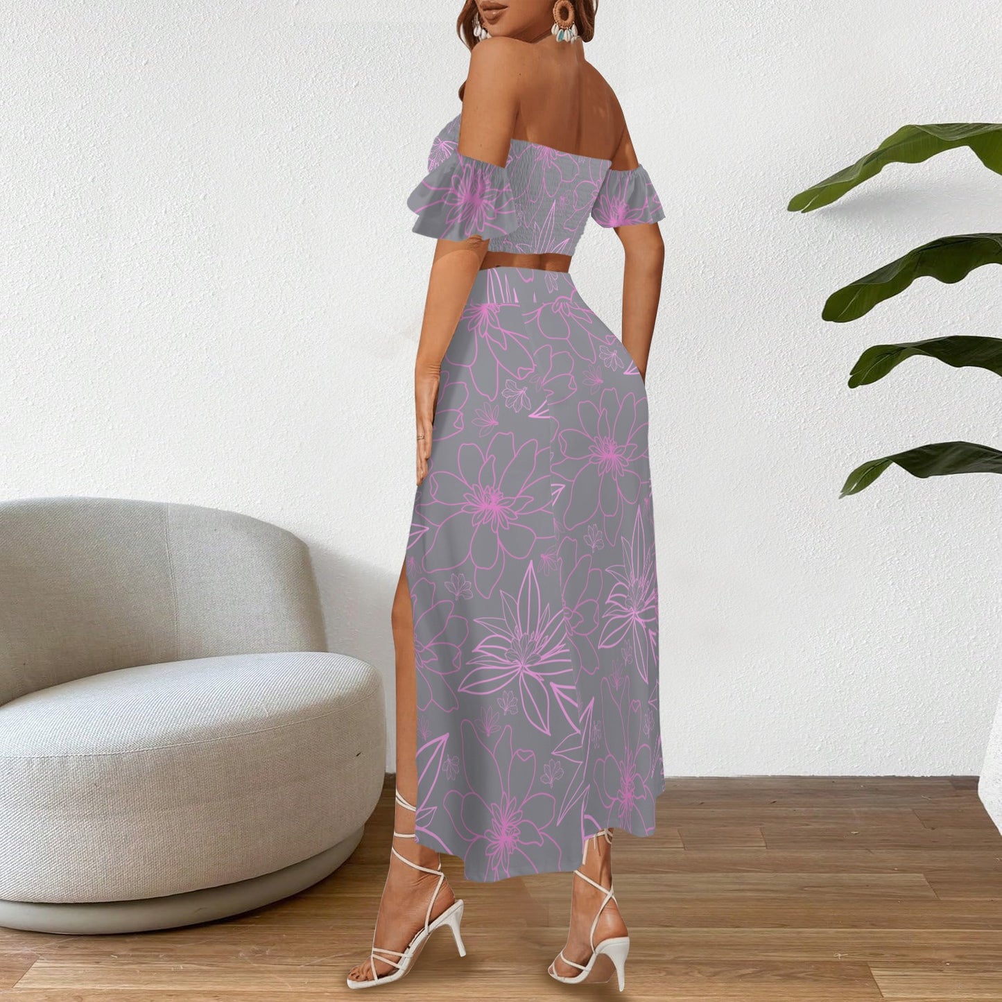 Malino Set in Naupaka (Off Shoulder Smocked Tube Top & High Waist Split Thigh Maxi Skirt) Lavender & Pink