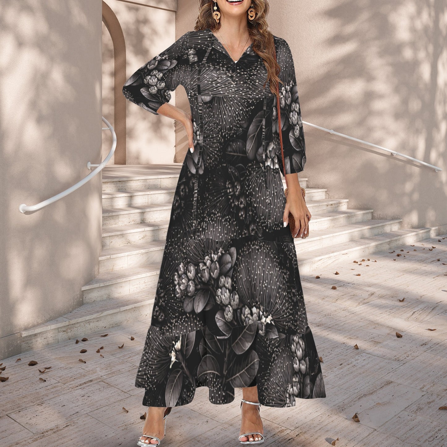 Pauahi Mu'u mu'u maxi dress - 'ōhiʻa lehua in Black and Gray