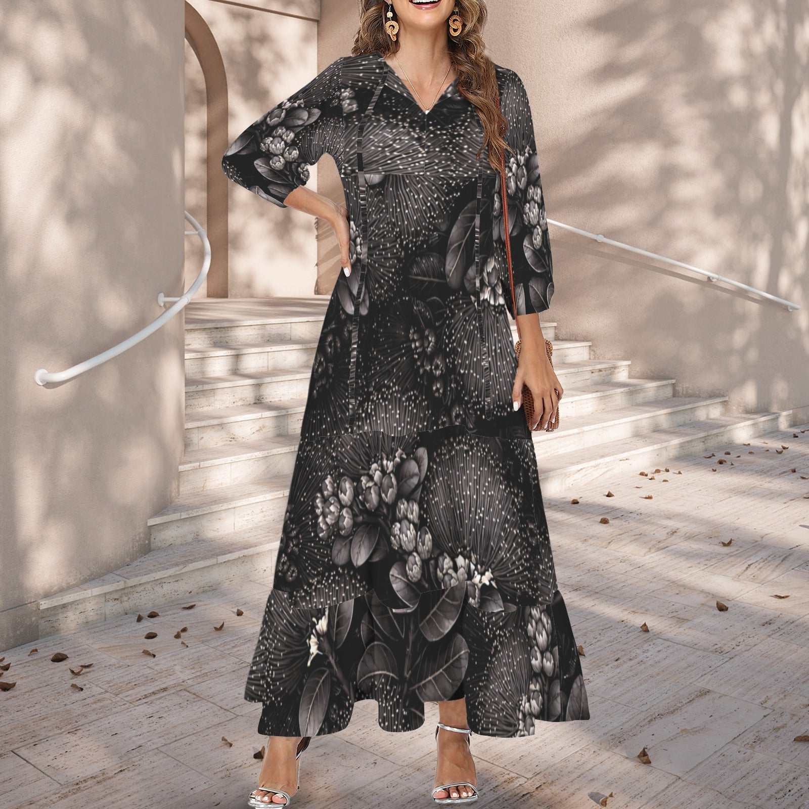 Pauahi Mu'u mu'u maxi dress - 'ōhiʻa lehua in Black and Gray