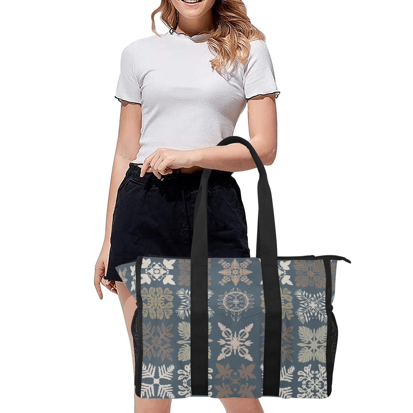 Kapa Kuiki Hawaiian Quilt Design Print Blue and Khaki - Nurse/Teacher/Mommy Tote Bag