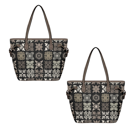 Kapa Kuiki Hawaiian Print Faux Leather Tote Bag - Black and Taupe