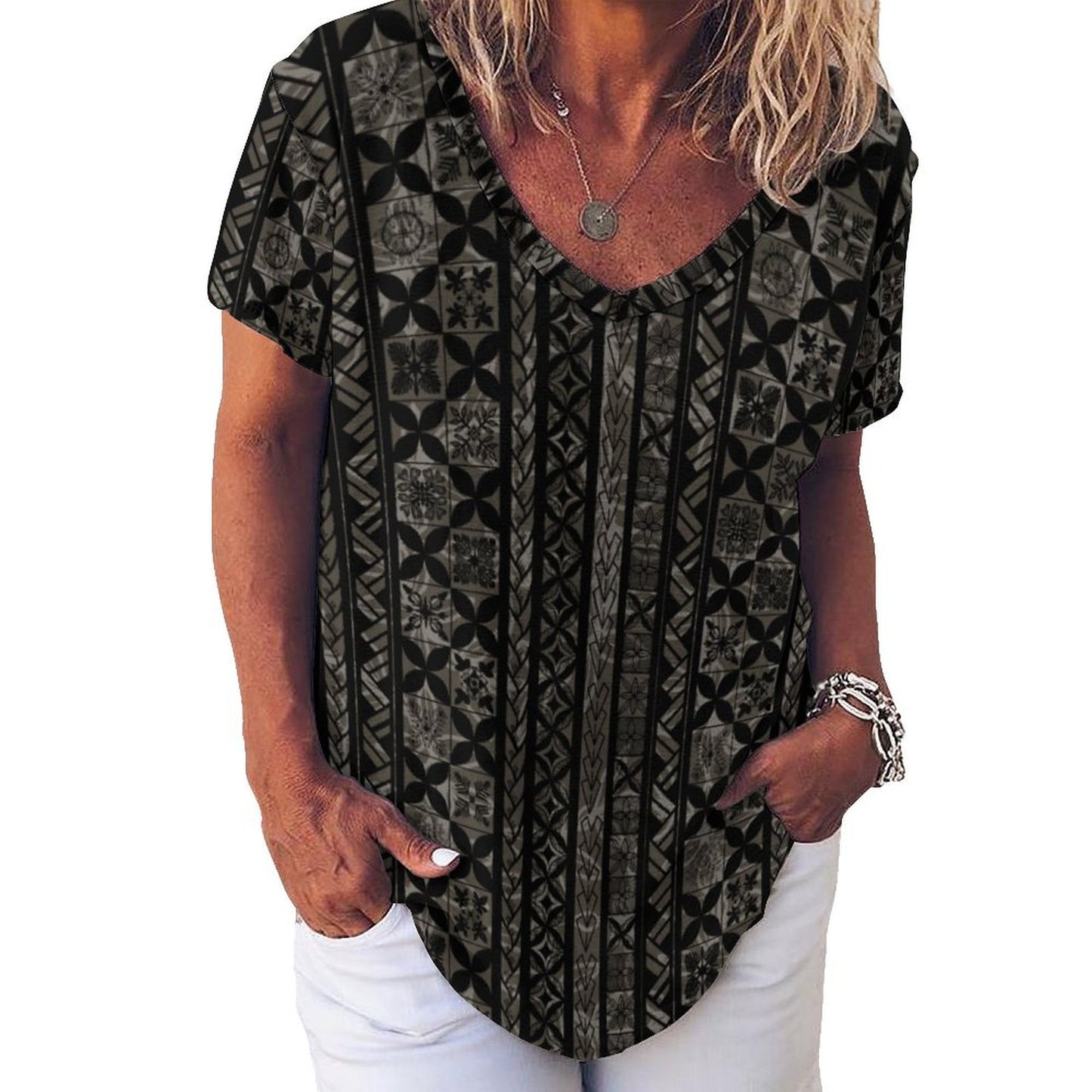 Kapa Kakau Hawaiian Print, Keahi V-Neck Short-Sleeve Shirt - Gray and Black