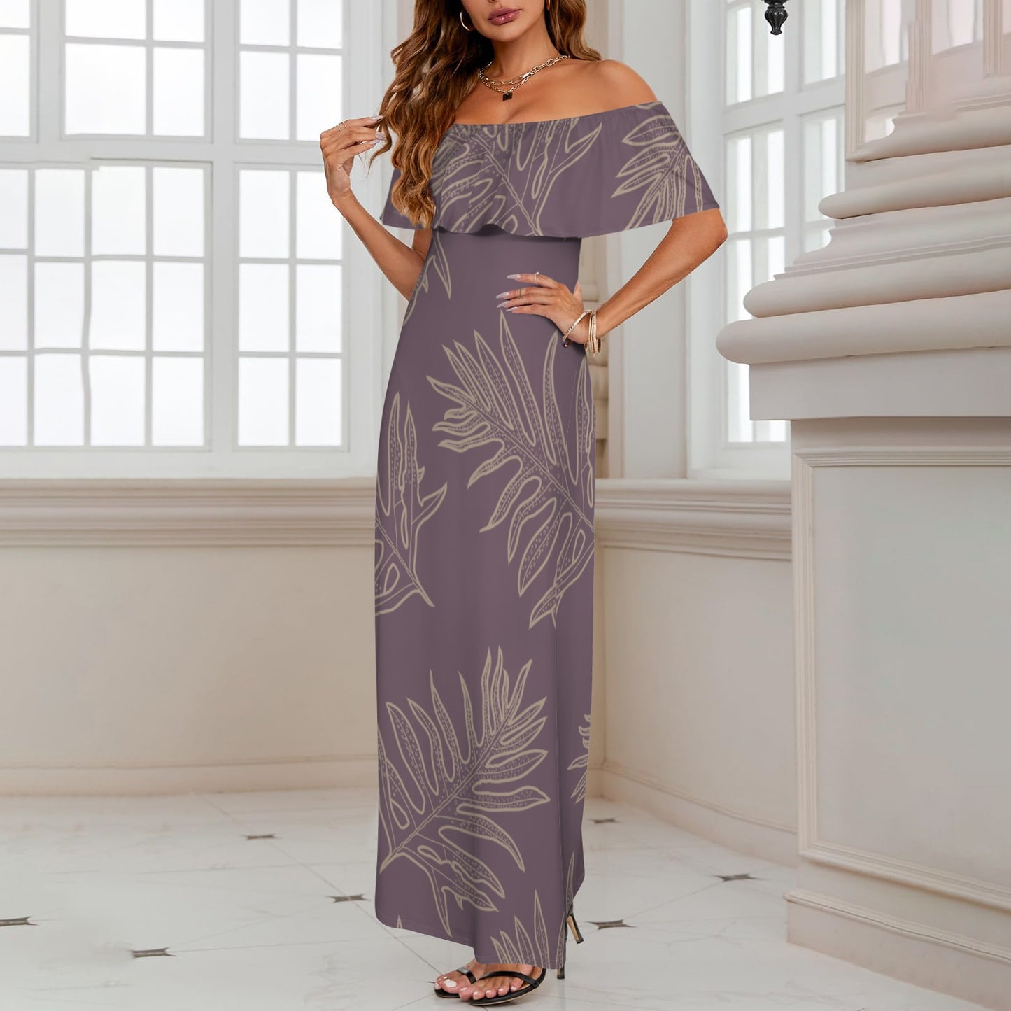 Lauaʻe Fern Hawaiian Print Off Shoulder Maxi-Style Dress - Lavender