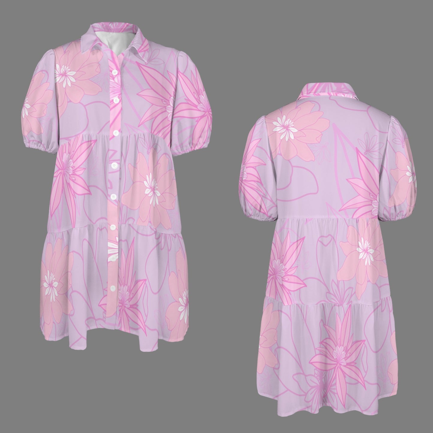 Puʻuwai Naupaka Button down Puff sleeve dress in Lavender and Pink