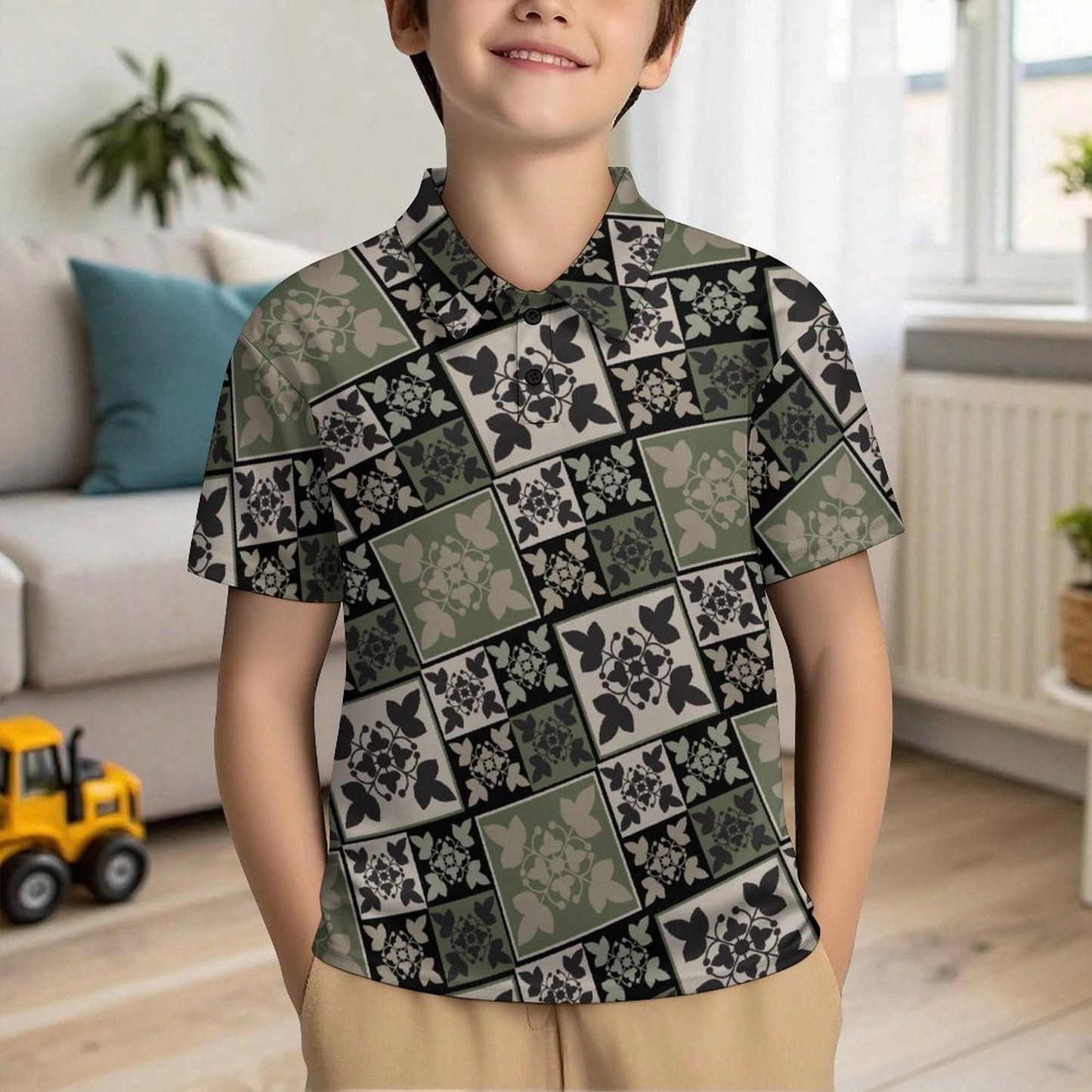 Kukui Nut Kapa Kuiki Hawaiian Print Keiki Polo Shirt - Green, Beige and Black