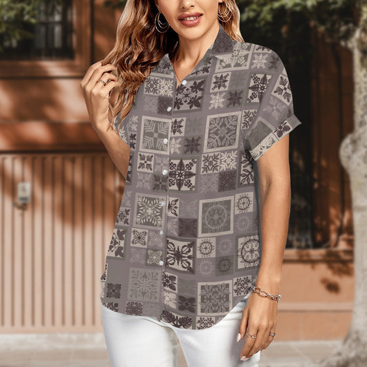 Kapa Kuiki Hawaiian Print Harmony Blouse - Women's Short Sleeve Button Down Shirt - Taupe and Brown