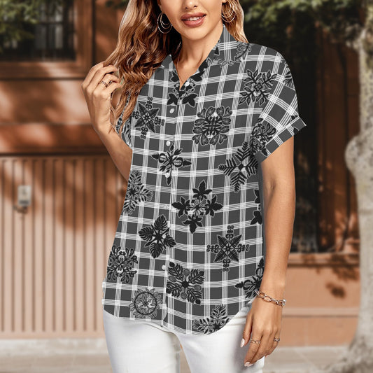 Palaka Kapa Kuiki Harmony Blouse - Dark Gray and White