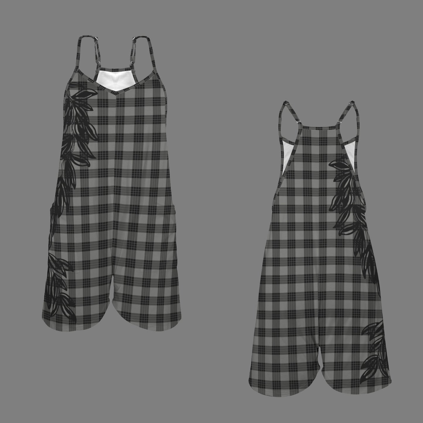 Hi'ilei Spaghetti Strap Romper - Palaka and Maile Lei, Gray and Black