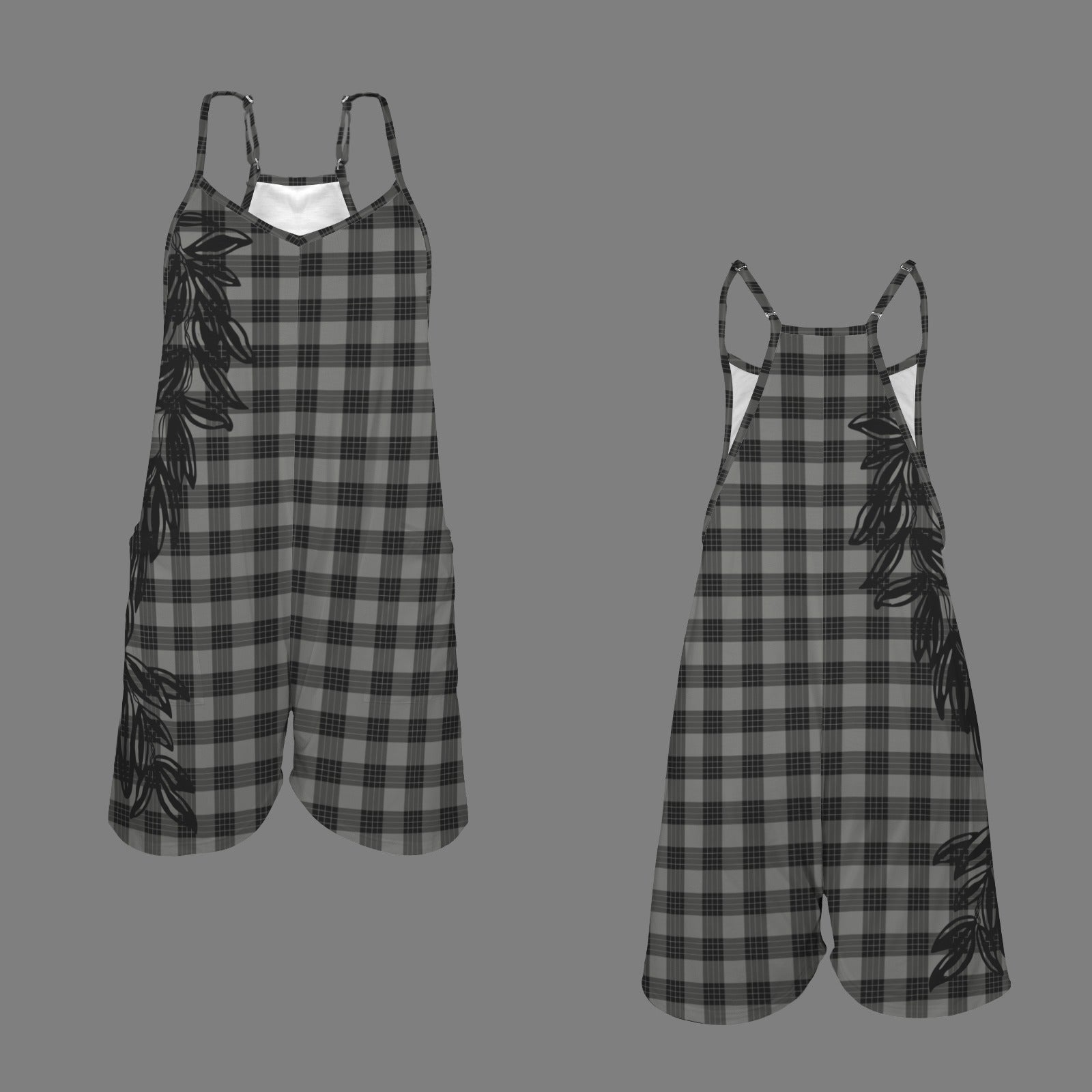 Hi'ilei Spaghetti Strap Romper - Palaka and Maile Lei, Gray and Black