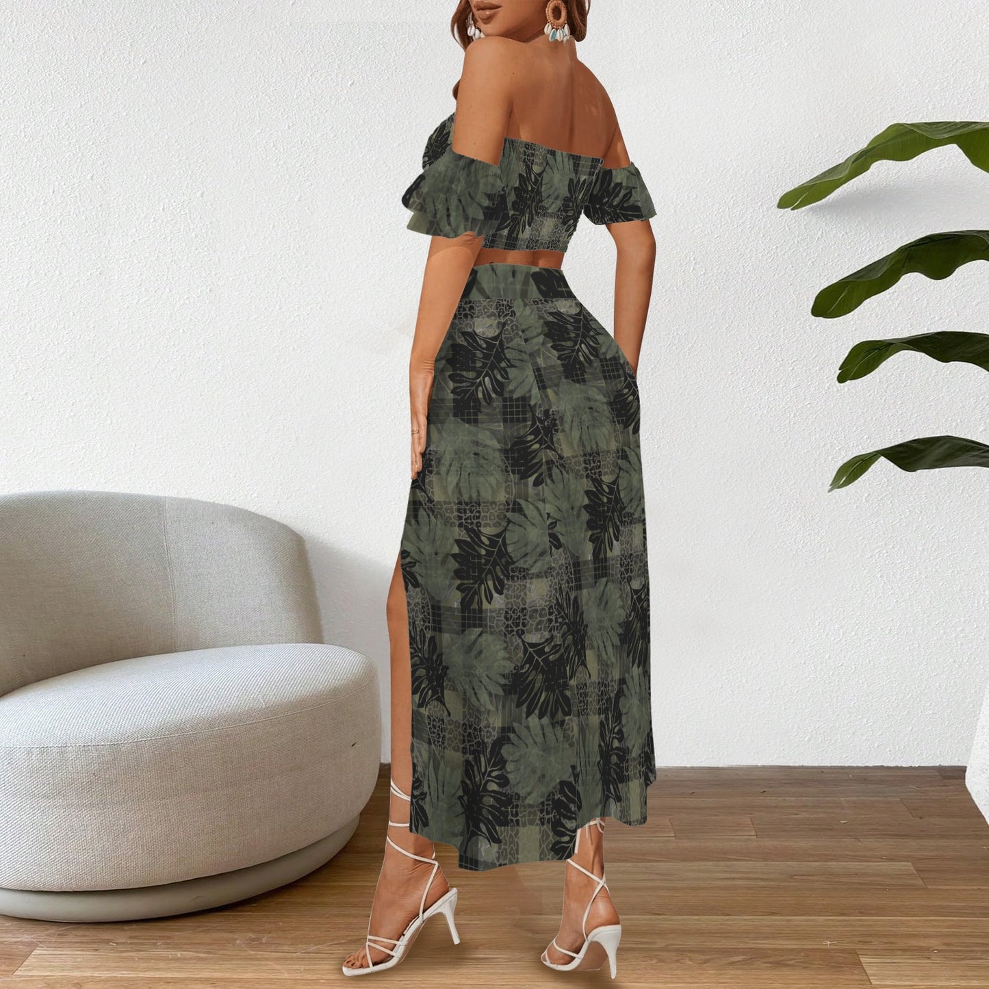 Malino Set in Ulu and Palaka (Off Shoulder Smocked Tube Top & High Waist Split Thigh Maxi Skirt) Green and Black