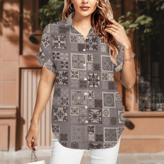 Kapa Kuiki Hawaiian Print Harmony Blouse - Women's Short Sleeve Button Down Shirt - Taupe and Brown