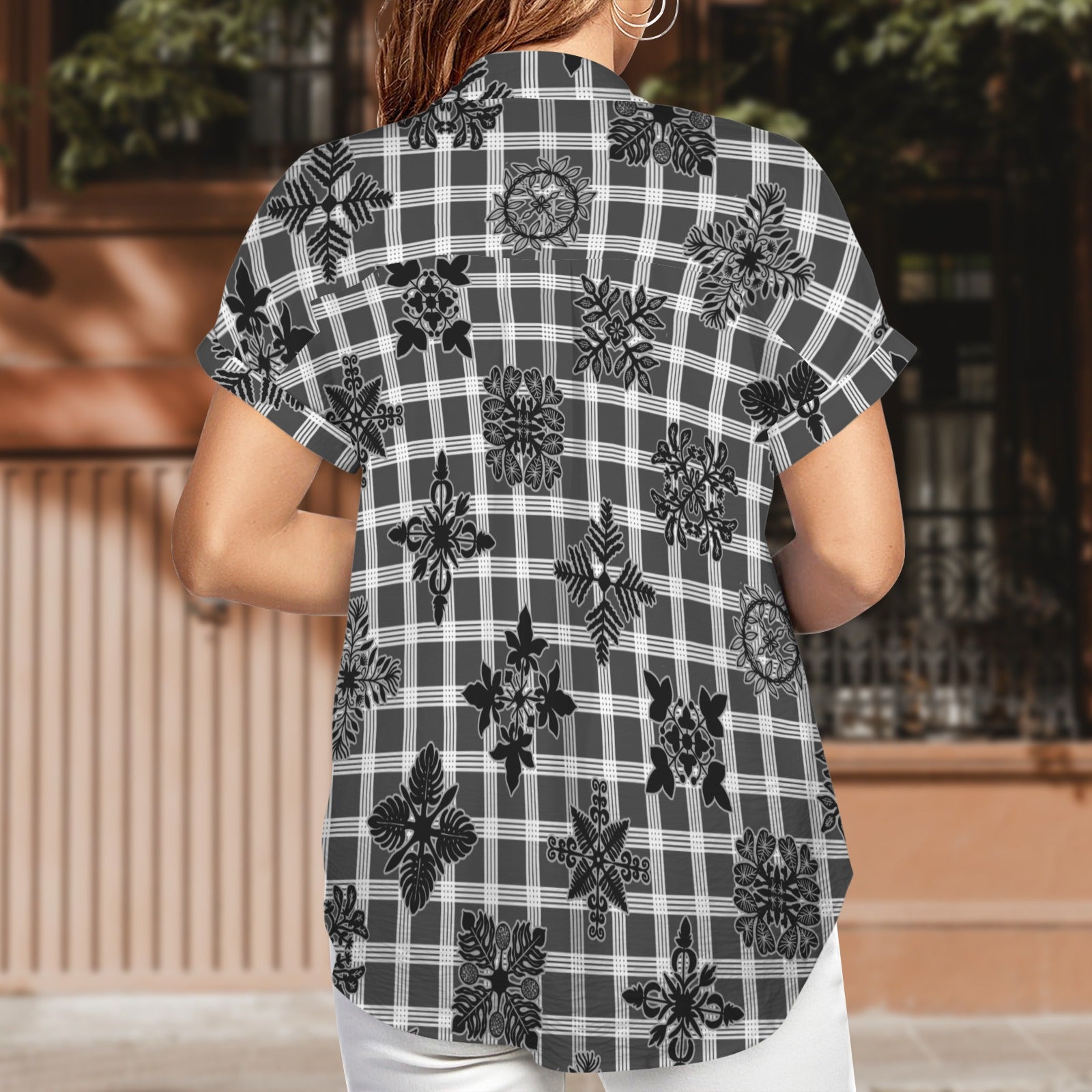 Palaka Kapa Kuiki Harmony Blouse - Dark Gray and White