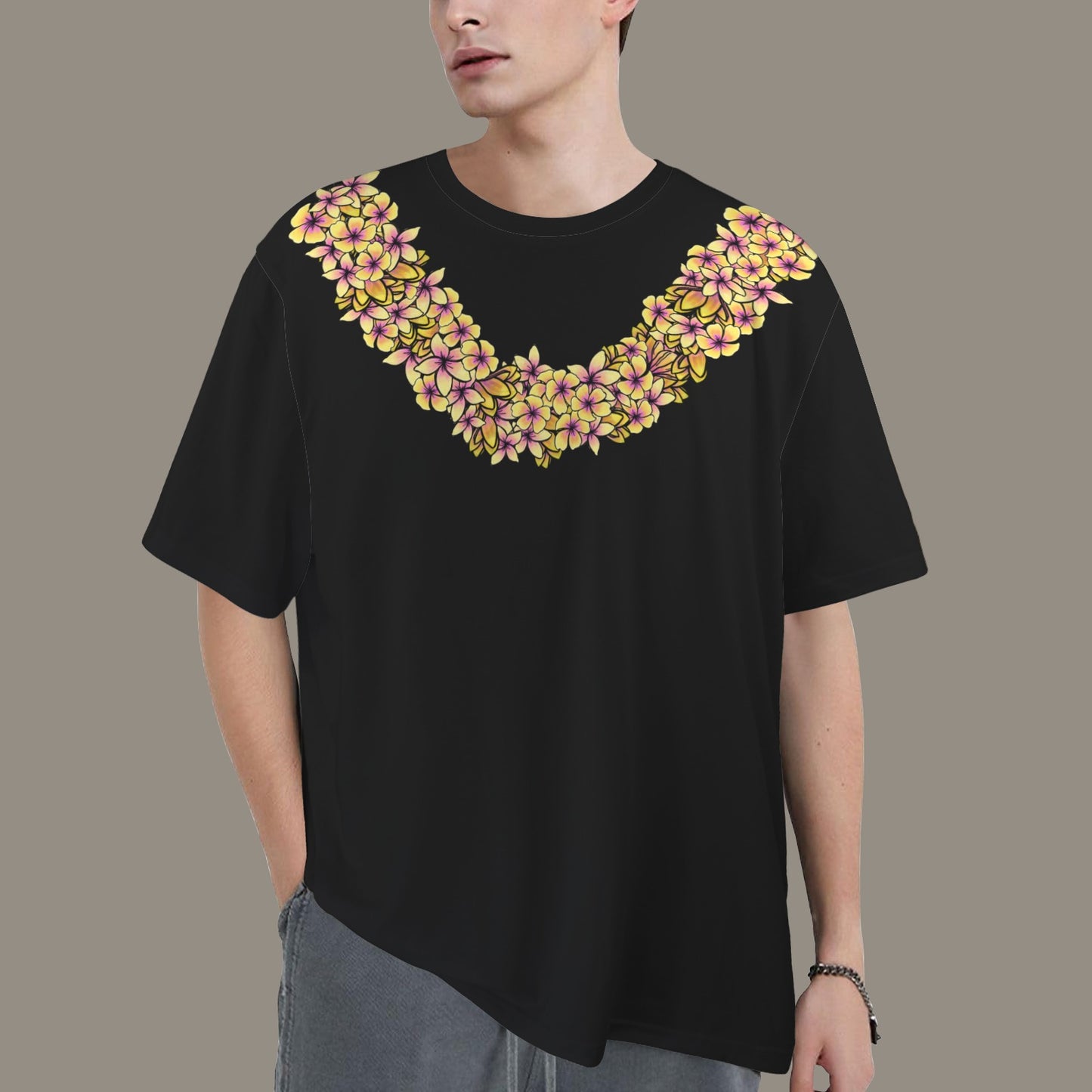 Oversized Hawaiian Lei Graphic T-Shirt  | Plumeria Poepoe Lei - Yellow and Pink Plumeria