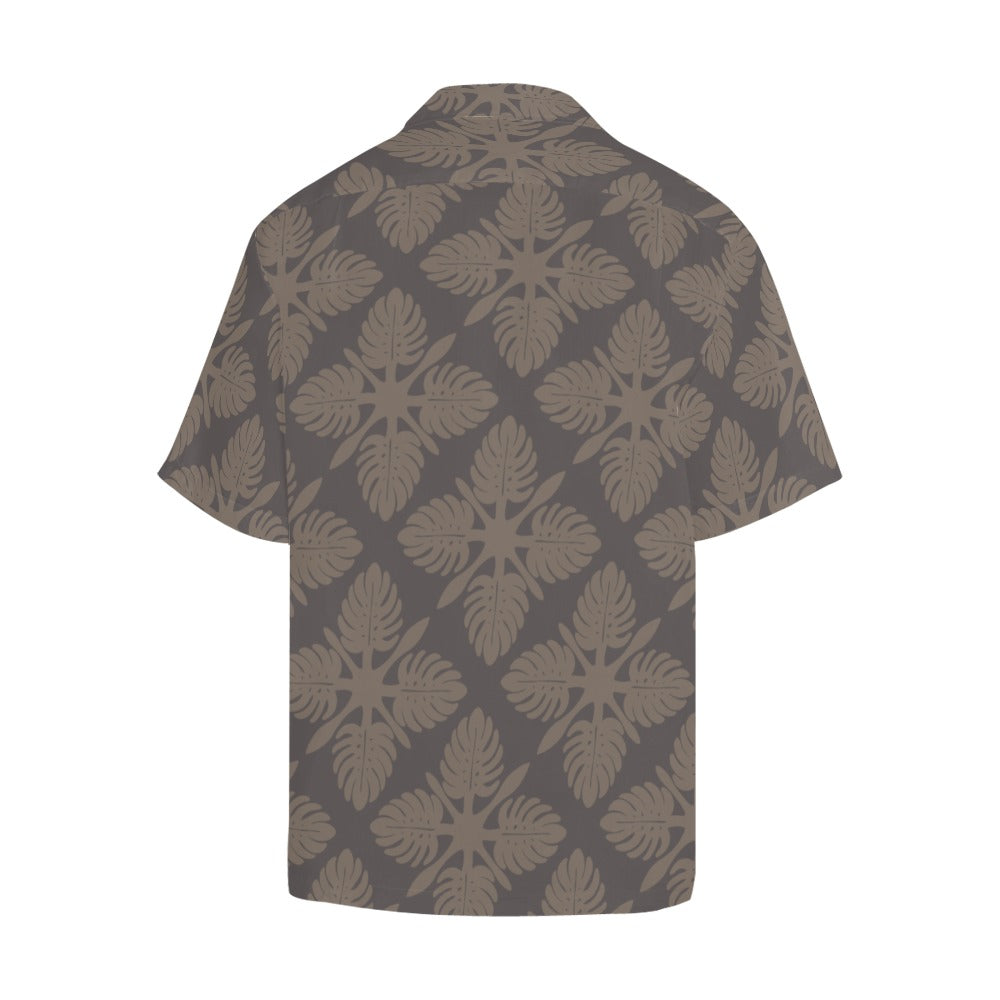 Monstera Kapa Kuiki Hawaiian Quilt Design - Menʻs Aloha Shirt, Taupe and Charcoal