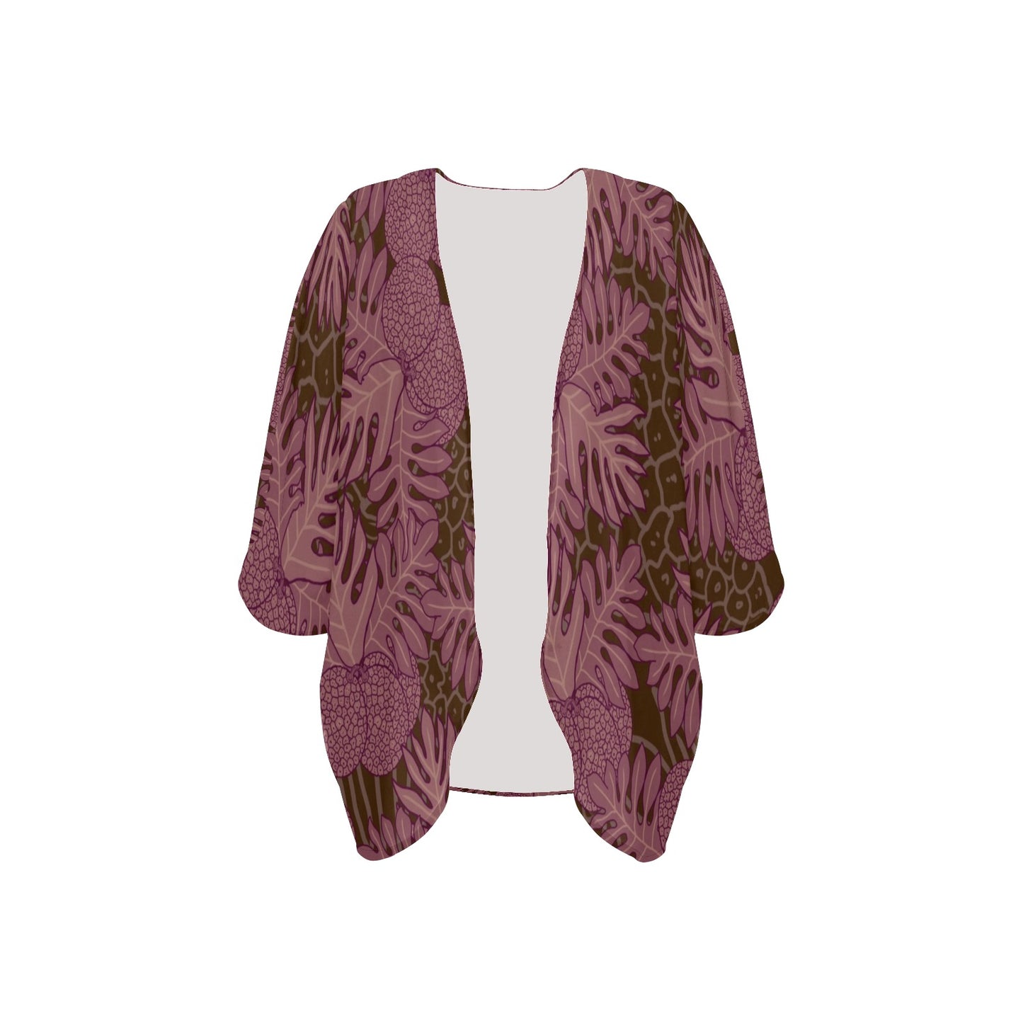 Ulu Breadfruit Hawaiian Print Kimono Chiffon Cover Up - Pink, Brown & Red