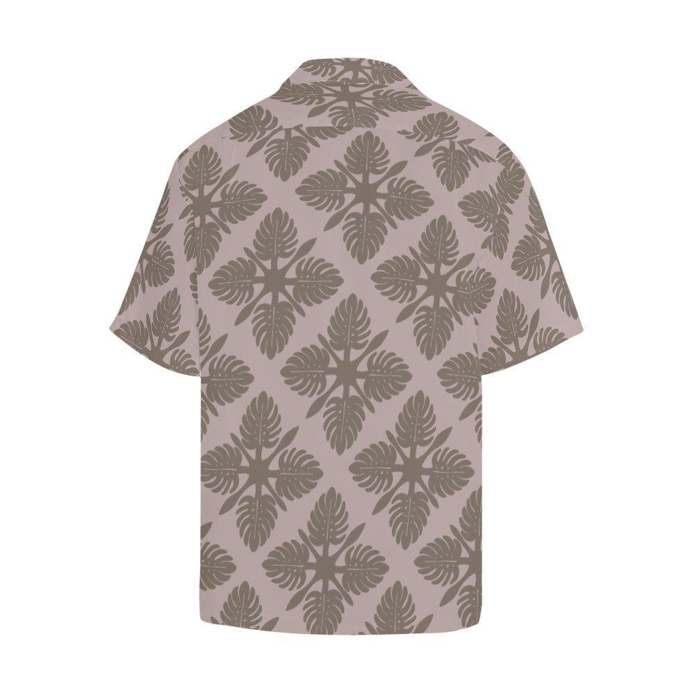 Monstera Kapa Kuiki Hawaiian Print - Menʻs Aloha Shirt, Mauve and Taupe