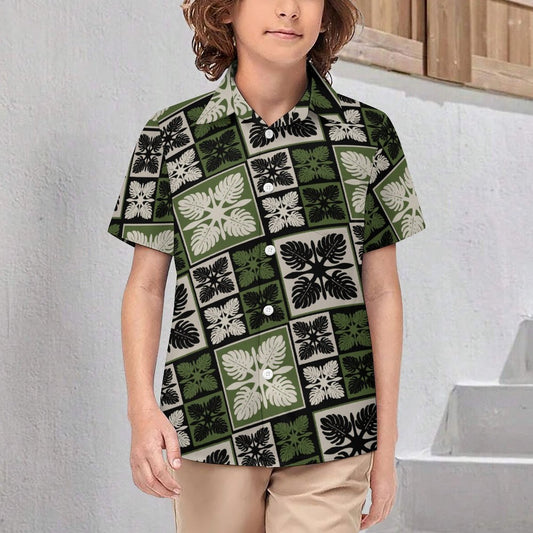 Kapa Kuiki Hawaiian Print - Monstera, Keiki Aloha Shirt - Green