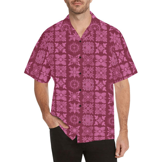 Hawaiian Kapa Kuiki Quilt - Menʻs Aloha Shirt, Red and Pink