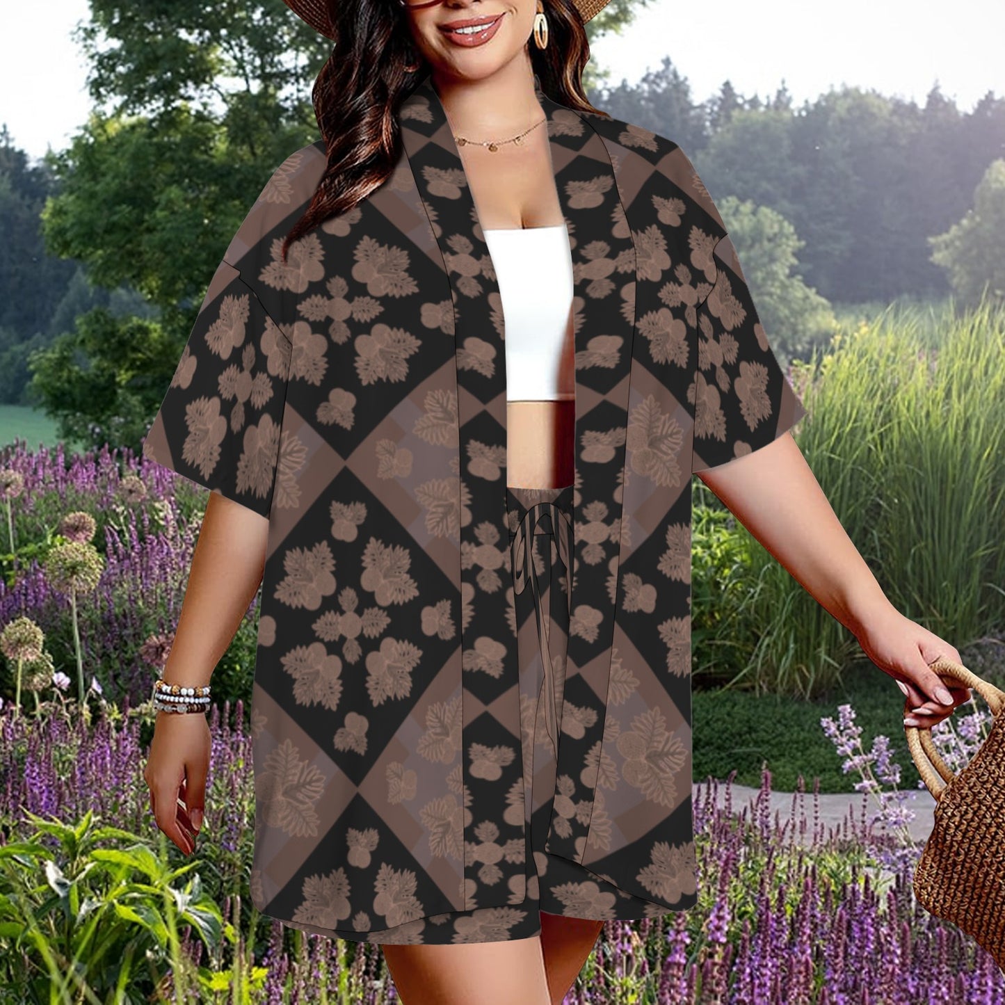 Hunnie Girl 2 PC Set - Open Front Kimono Blouse with Drawstring Waist Shorts - Ulu Quilt Mocha Taupe and Black